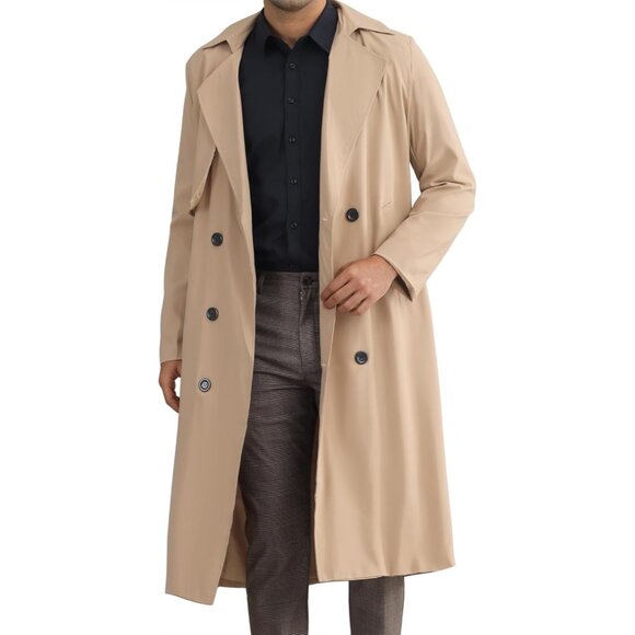 ✨Men Brown Double Breasted Long Sleeves Trench Coat Winter Long Coat with Belt